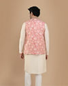Peach And Cream Festive Kurta Jacket With Floral Detailing image number 2
